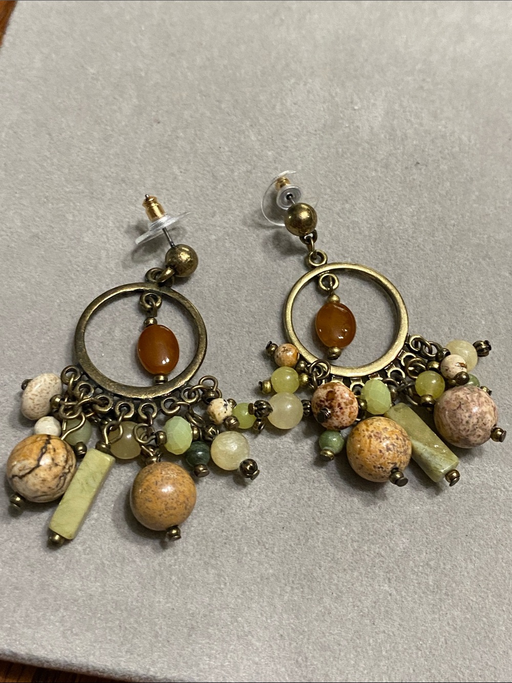 Boho Green & Tan Beaded Hoop Drop Earrings